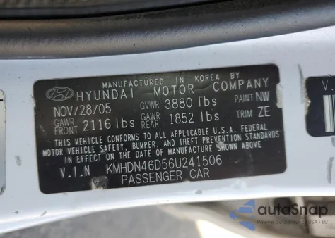 2006 Hyundai Elantra Gls z USA, uszkodzony, nr VIN NULL